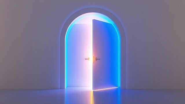 A sleek blue-lit gateway door opening to reveal warm golden light within.