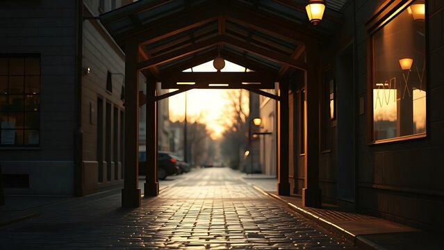 Doorway of a shelter with warm light on a wet cobblestone street at dusk.