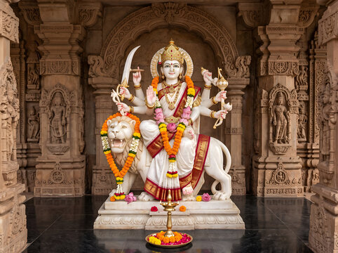 Goddess Durga Divine Statue in Ancient Hindu Temple with Sacred Aura