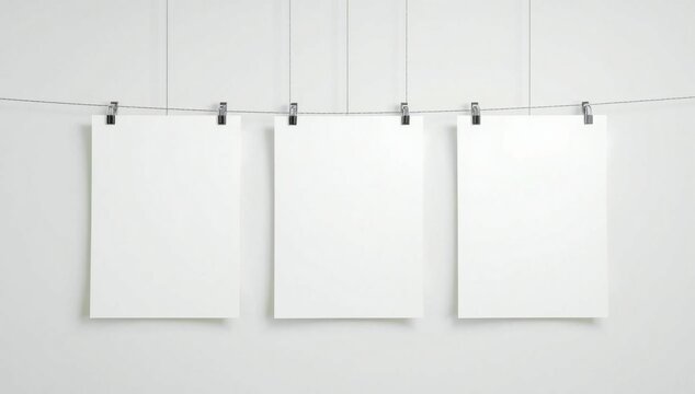 Three blank white paper posters hanging on a wire with metal clips