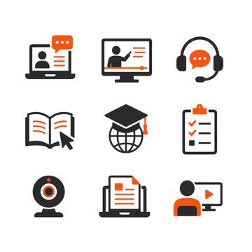 Online education icons for elearning and digital courses on computer screen. in a professional setting with great clarity.
