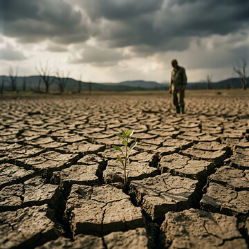 Single green sprout emerging from dry cracked earth in a drought stricken landscape with a solitary person in the background under stormy sky symbolizing resilience