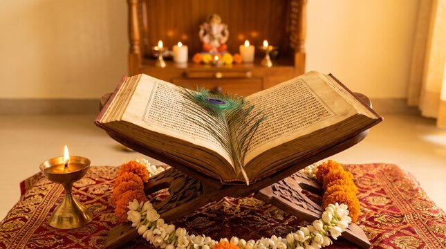 Tulsidas Jayanti devotional wallpaper featuring a glowing oil lamp and sacred scriptures with a warm spiritual ambiance for traditional Hindu