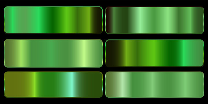 Vector set of green metallic gradients, swatches collection, shiny gradient set on black background, metal texture. eps 10