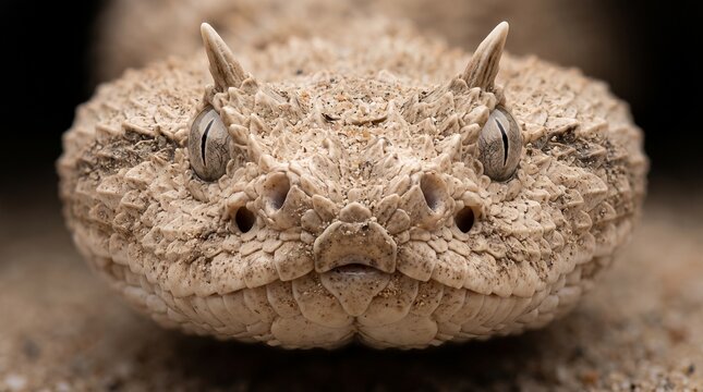 Creative Close-up of venomous rattlesnake head, brown scales, sharp fangs, wildlife photography, desert animal, snake face 2k