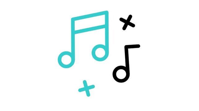 Animated musical notes icon loop motion graphic, audio sound melody and song play symbol, isolated on white background