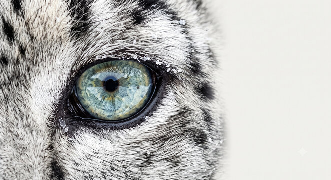 Creative Close-up of snow leopard eye, blue feline eye, wild animal gaze, furry texture 2k