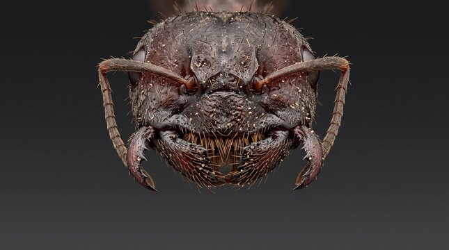 Creative Close-up of a bee head, insect face, macro photography, brown and black colors 2k