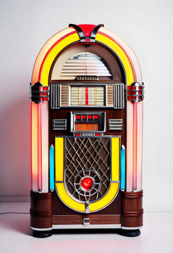 Vintage jukebox with colorful illuminated panels on white background