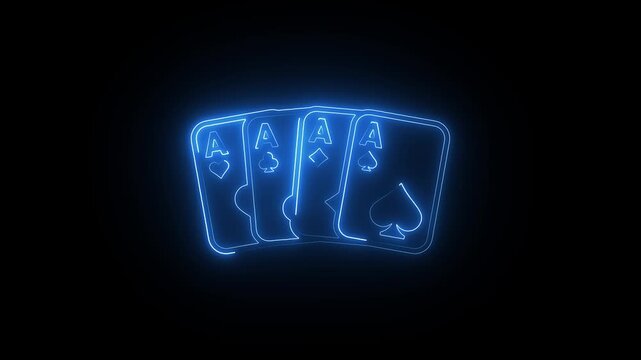 Glowing neon four aces playing cards animation, casino gambling concept, hand poker background, blue light