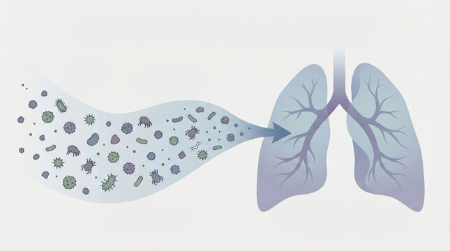 Airborne allergen particles entering lungs for respiratory health infographic and medical education background