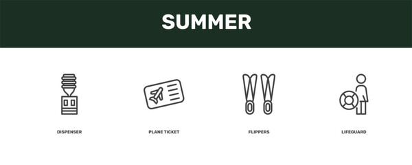 summer icon set with dispenser, plane ticket, flippers, lifeguard signs in flat outline style © Abstract