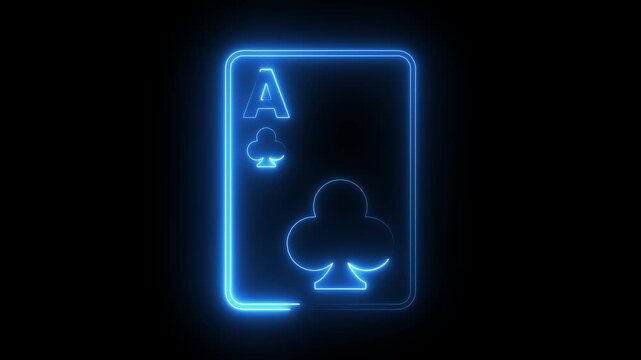 Neon ace of clubs playing card glowing blue light animation on black background