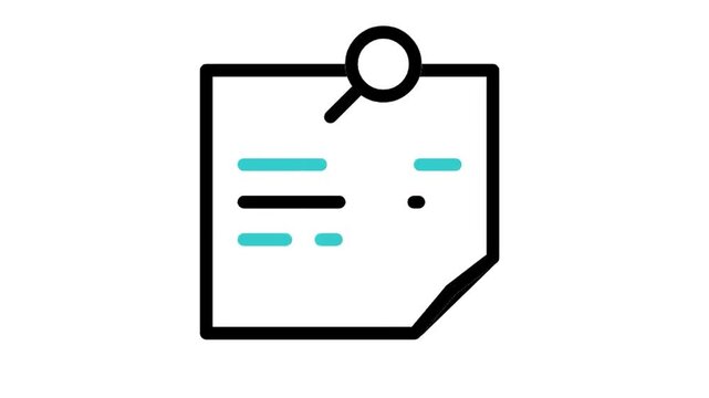 Animated sticky note icon loop motion graphic, pin note and office memo symbol, isolated on white background