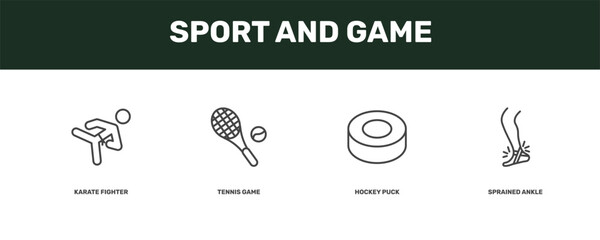 sport and game icon set with karate fighter, tennis game, hockey puck, sprained ankle signs in flat outline style © Abstract