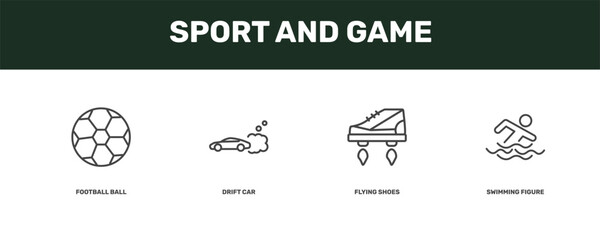 sport and game icon set with football ball, drift car, flying shoes, swimming figure signs in flat outline style © Abstract