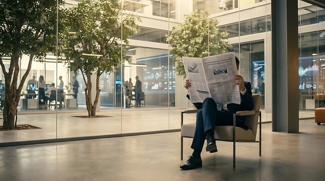 Man reading newspaper in spacious indoor atrium with trees.