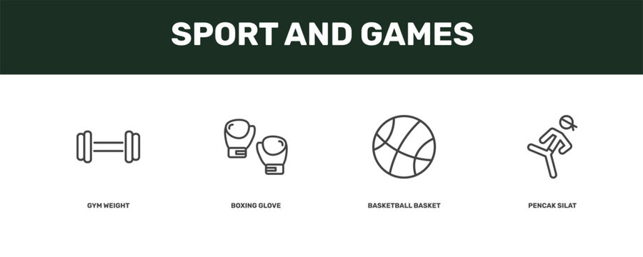 sport and games icon set with gym weight, boxing glove, basketball basket, pencak silat signs in flat outline style