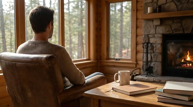 Man relaxing in cozy wooden cabin forest view.