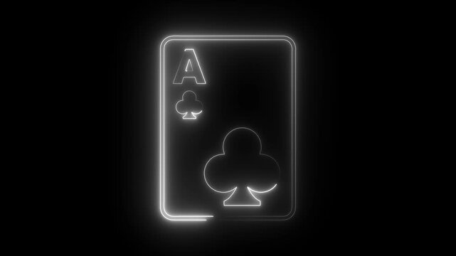 Neon ace of clubs playing card glowing animation on black background, for casino and, gambling themes