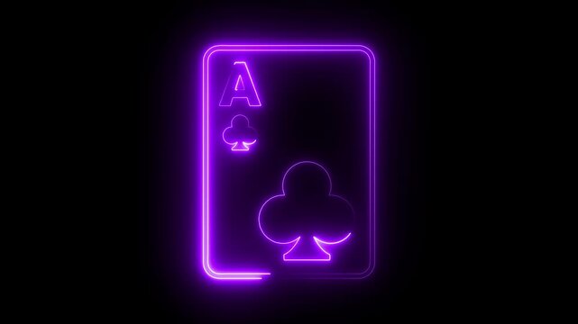 Neon purple ace of clubs playing card glowing animation on black background