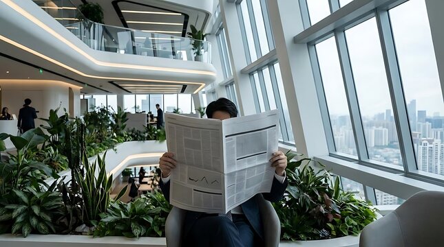 Man reading newspaper in sunlit office.