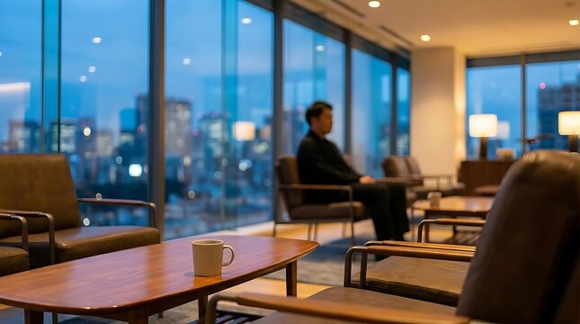 Man sitting in lounge overlooking city skyline.