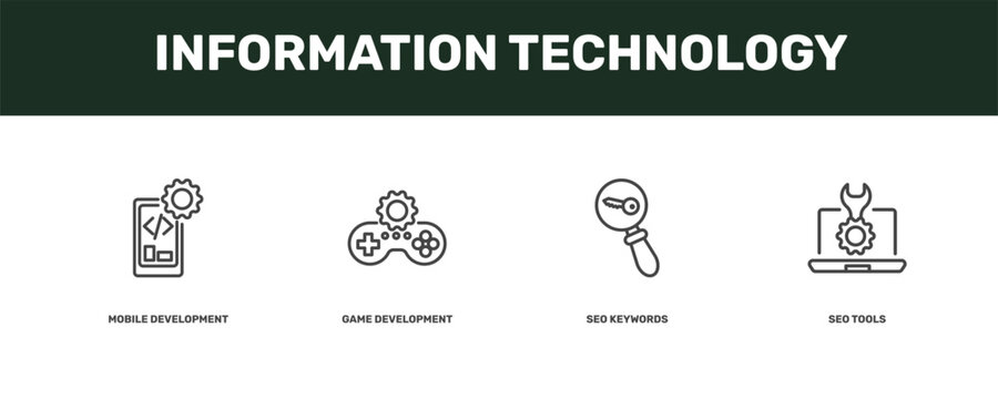 information technology icon set with mobile development, game development, seo keywords, seo tools signs in flat outline style