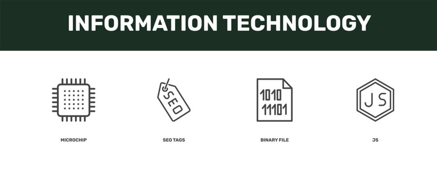 information technology icon set with microchip, seo tags, binary file, js signs in flat outline style