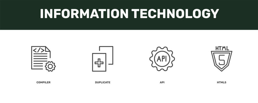 information technology icon set with compiler, duplicate, api, html5 signs in flat outline style