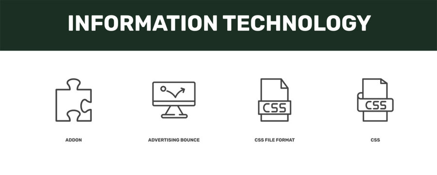 information technology icon set with addon, advertising bounce, css file format, css signs in flat outline style