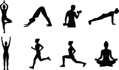 Obraz premium Fitness and Yoga Silhouette Icons Set with Exercise Running Strength Training and Meditation Poses