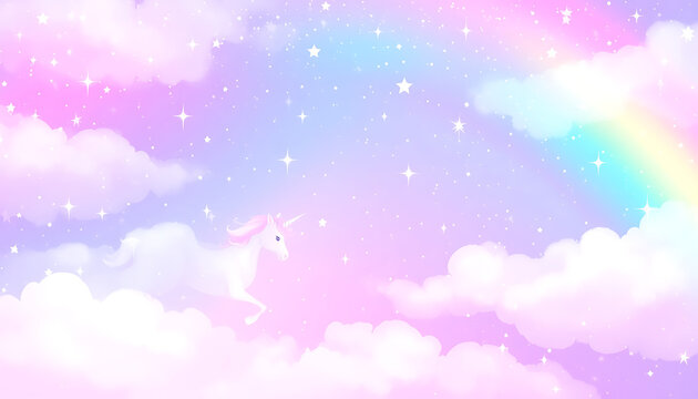 Whimsical unicorn with flowing mane galloping through pastel clouds under a vibrant rainbow and sparkling stars, dreamlike fantasy background
