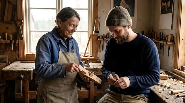 Master and apprentice working in traditional woodworking shop.