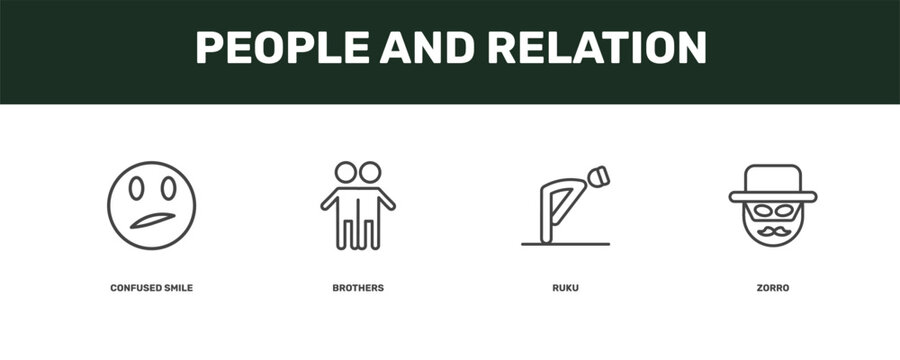 people and relation icon set with confused smile, brothers, ruku, zorro signs in flat outline style