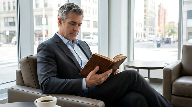 Mature businessman reading book in comfortable lounge chair.