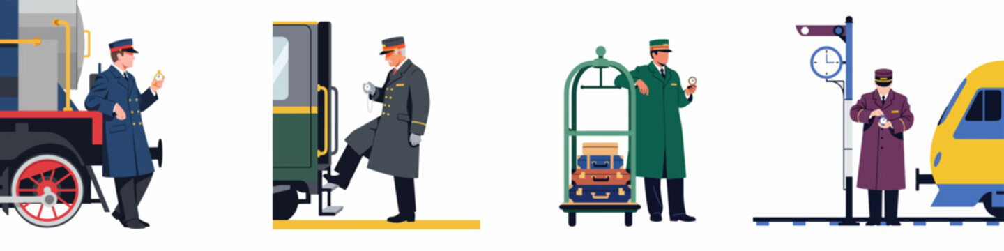 Set of illustrations depicting train conductors in vintage and modern uniforms checking pocket watches at railway stations with locomotives, carriages, and luggage.