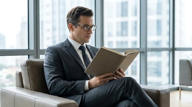 Mature businessman reading book in luxury office chair.
