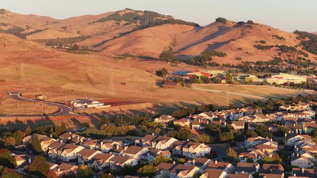 Evening Aerial Vista of Town, Wetlands and San Pablo Bay in Golden Hour Light