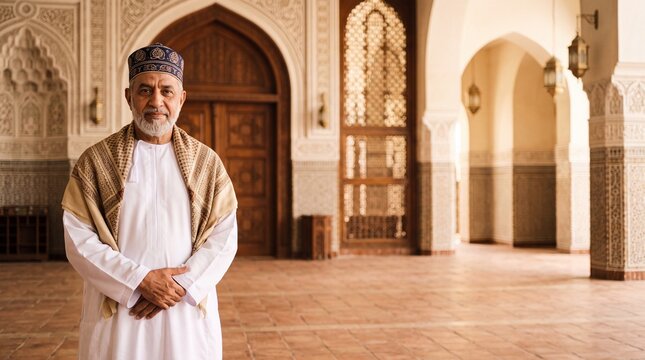 Portrait of a senior Omani man in traditional dress standing in an ornate Islamic courtyard