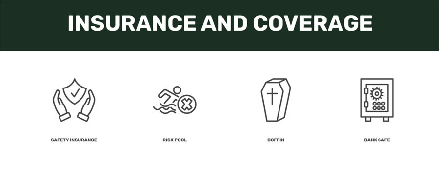 insurance and coverage icon set with safety insurance, risk pool, coffin, bank safe signs in flat outline style
