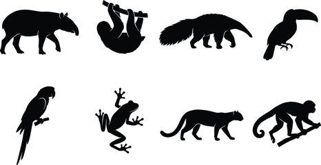 Obraz premium Rainforest animal silhouettes including tapir sloth anteater toucan parrot frog jaguar and monkey