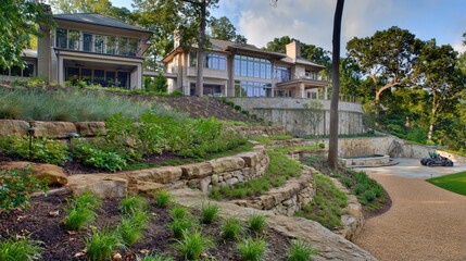 Fototapeta premium Contemporary estate with curved stone terraces and planted slopes
