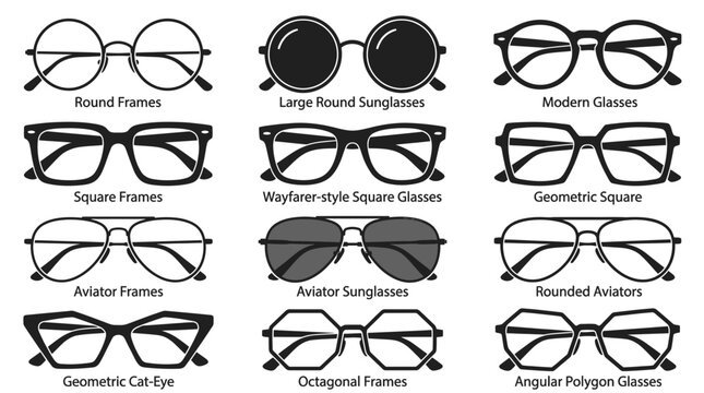 Collection of Eyeglasses and Sunglasses Styles: Round, Square, Aviator, Geometric