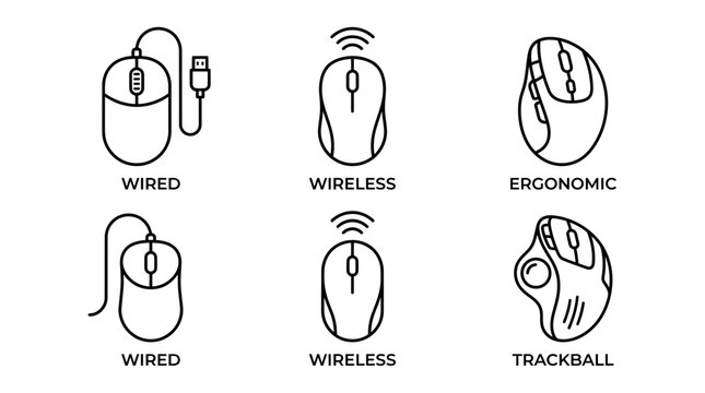 Computer Mouse Types: Wired, Wireless, Ergonomic, Trackball Icons