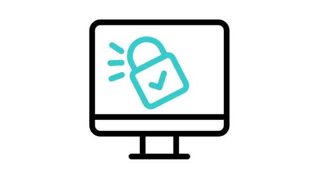 Animated computer screen lock icon loop motion graphic, pc desktop security and monitor protection symbol, isolated on white background