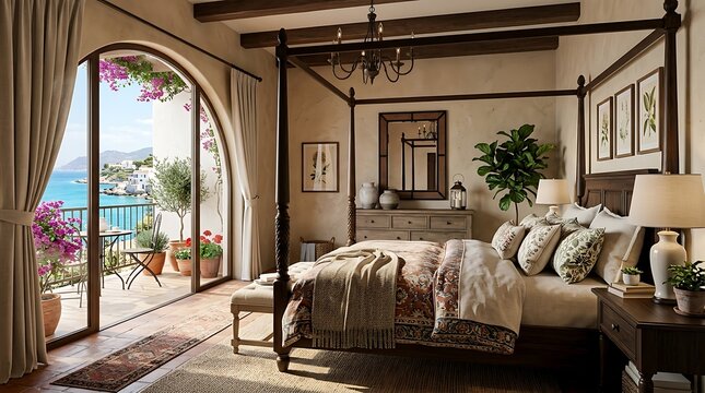 Mediterranean bedroom with canopy bed and ocean balcony.
