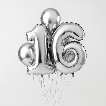 Silver metallic balloons shaped as number 16 against light background