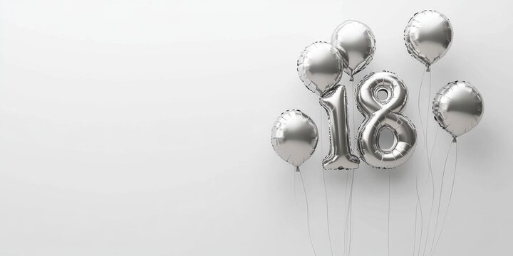 Silver balloons in shape of number 18 on white background celebrating milestone