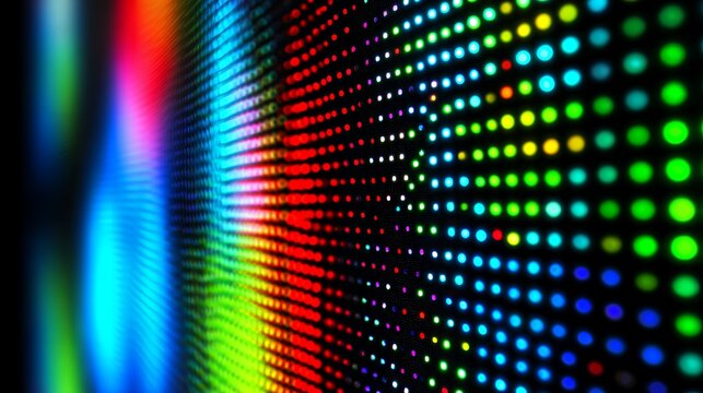 Macro view of vibrant LED screen display with glowing RGB pixels, digital technology texture, and shallow depth of field